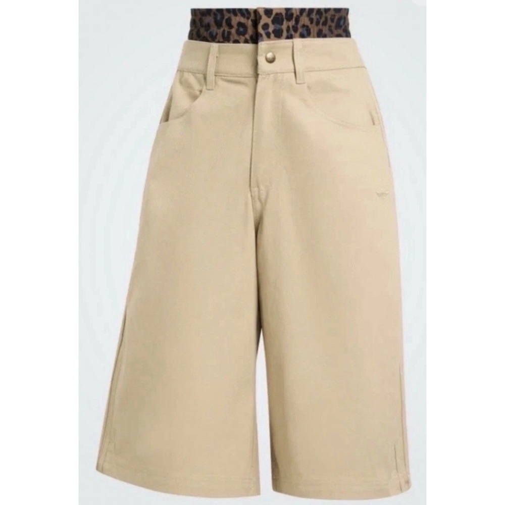 Adidas Shorts Women 10 Beige Excell Leopard Waistband 3-Stripe Twill Culottes